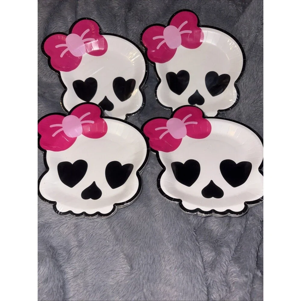 Halloween Skull Paper Plates With Pink Bow  6.7 x 7.2 In Pack Of 12 Lot Of 4 Pls